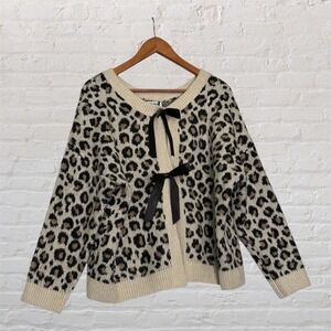 Love Knits Leopard Print Reversible Bow Cardigan Sweater 2X Tan Black Animal
